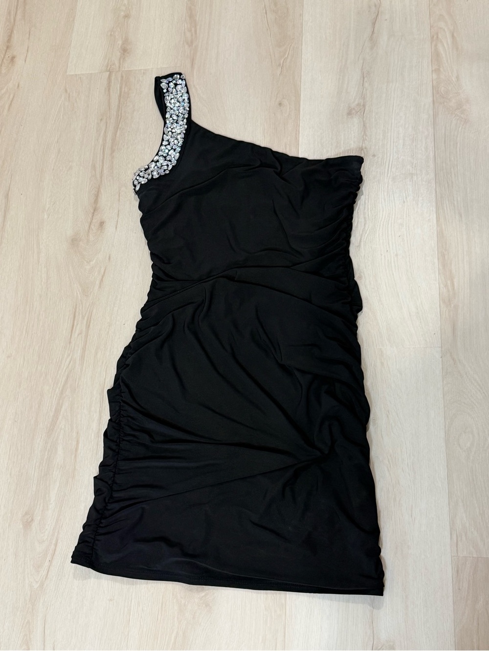 ✨ Y2K Deb Black Rhinestone One-Shoulder Ruched Mini Dress ✨